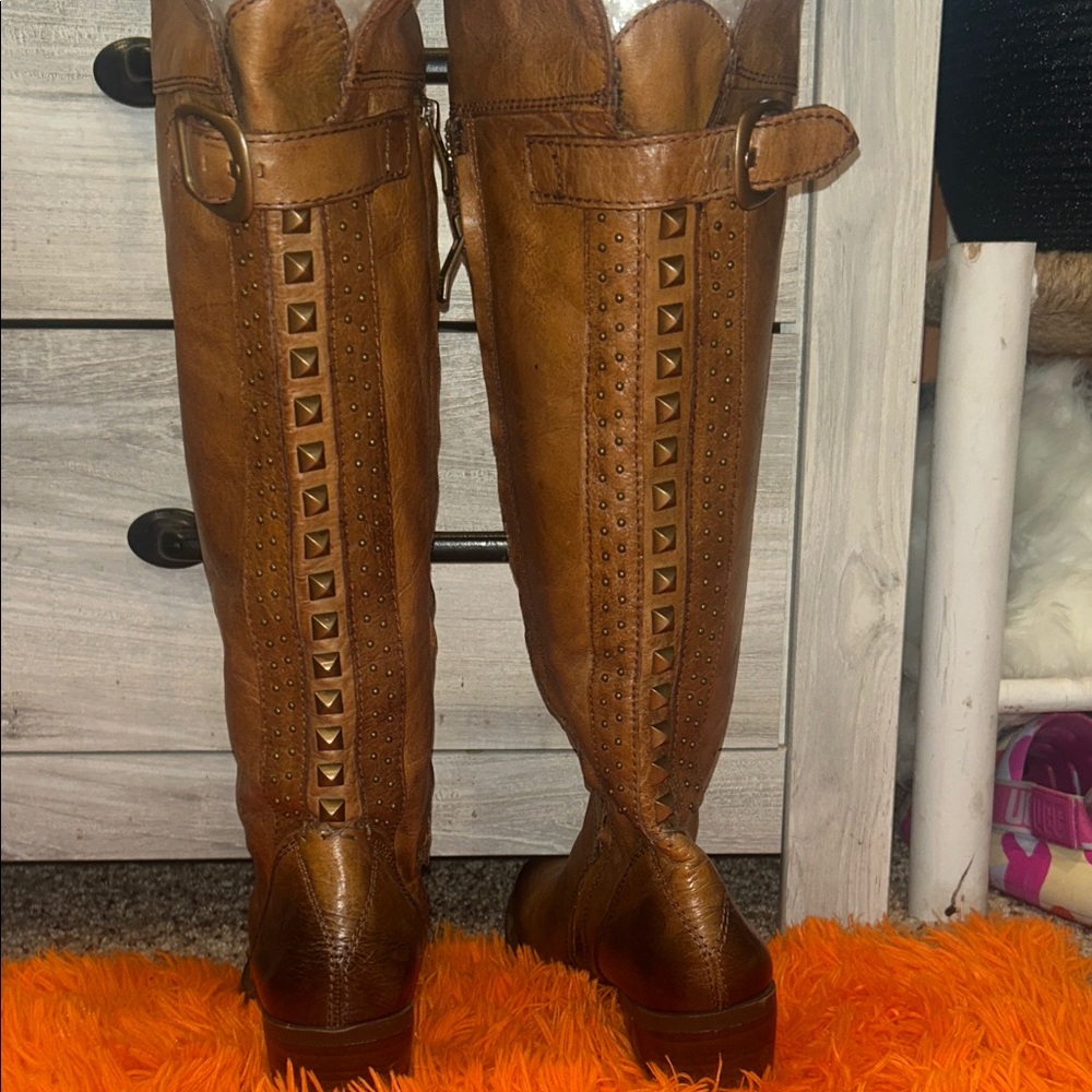 Boot sale: Vince Camuto Brown Knee-High Leather Boots with Gold Studded Detail
